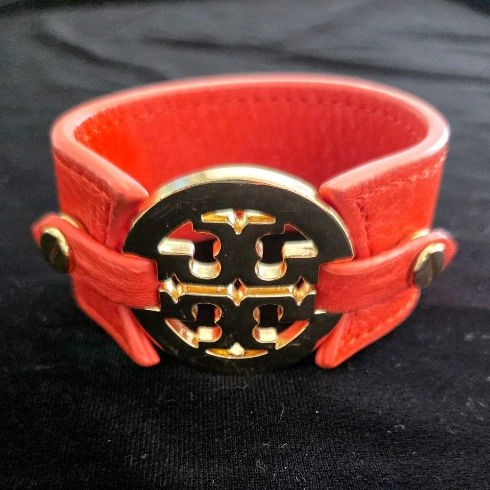 Tory Burch Reva Logo Cuff Bracelet Orange Wide Leather Double‎ Snap Wrap